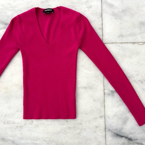 Express Sweater Pink V Neck Long Sleeve Soft Cozy Knit Fitted Womens XS - Picture 3 of 8